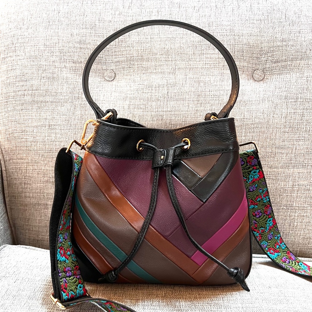 Fossil Tessa Bucket Genuine Leather Multicolour Patchwork Shoulder Crossbody Bag